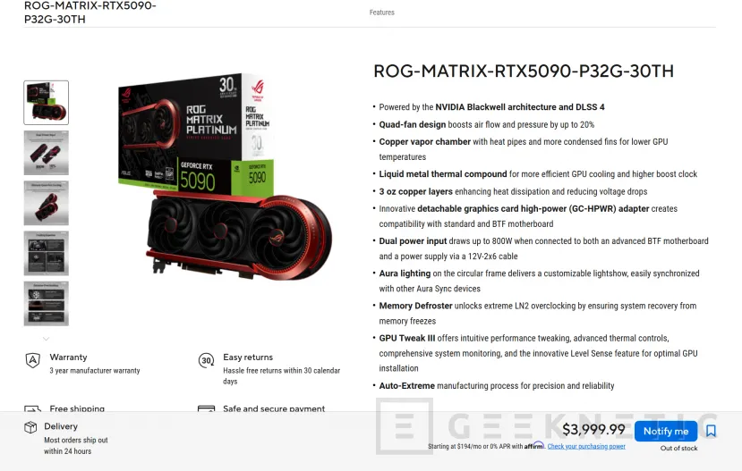 Geeknetic La ASUS RTX 5090 ROG Matrix Platinum ya es oficial, su PVPR es de 3.999,99 dólares 1