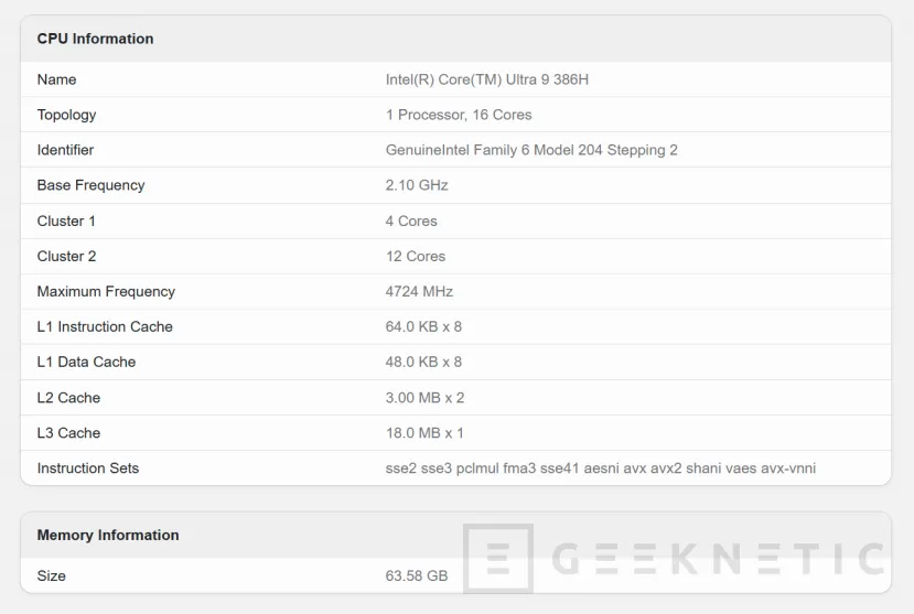 Geeknetic Filtrado en Geekbench el Intel Core Ultra 9 386H, una referencia Panther Lake de 16 núcleos para portátiles Gaming 1