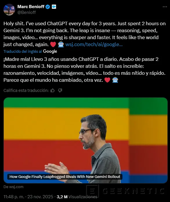 Geeknetic El CEO de Salesforce abandona ChatGPT tras tres años de uso: la llegada de Gemini 3 marca el punto de inflexión para Google 1