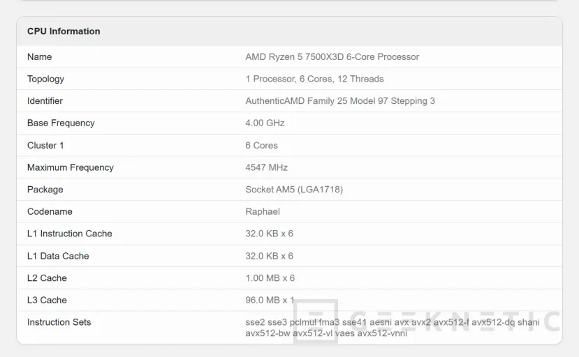 Geeknetic Aparece en Geekbench el AMD Ryzen 5 7500X3D, hasta 4,6 GHz y 96 MB de caché 1