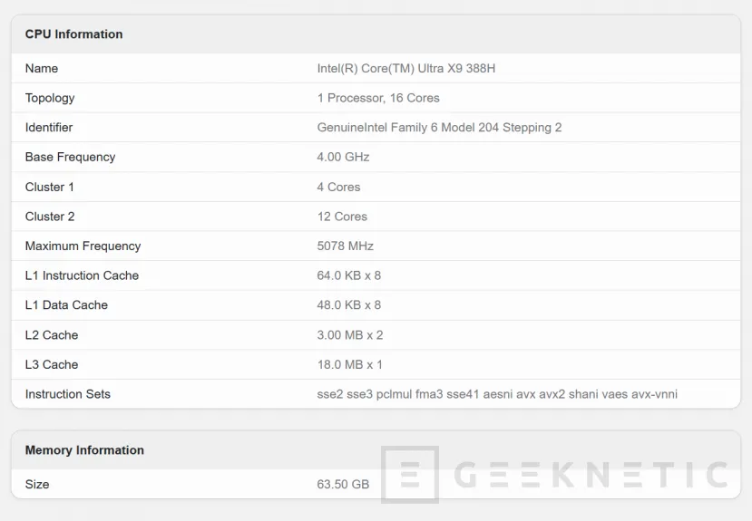 Geeknetic Se ha dejado ver el Intel Core Ultra X9 388H en Geekbench, 16 núcleos y hasta 5,1 GHz superando al Core Ultra 9 285H 1