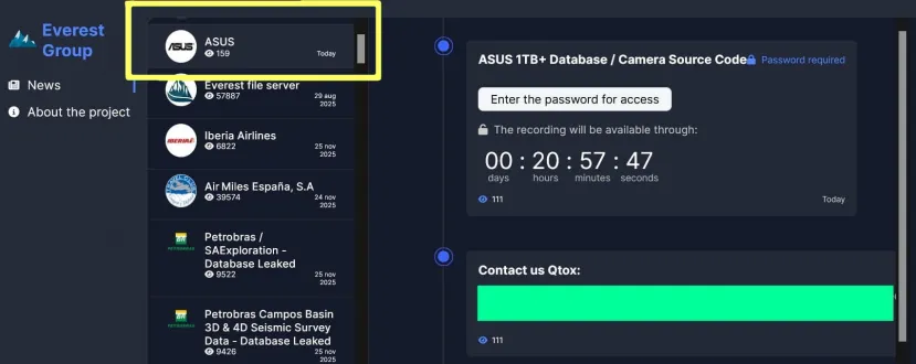 Geeknetic Ransomware Everest apunta a ASUS con una filtración de más de 1 TB de datos y código fuente de sus cámaras 1