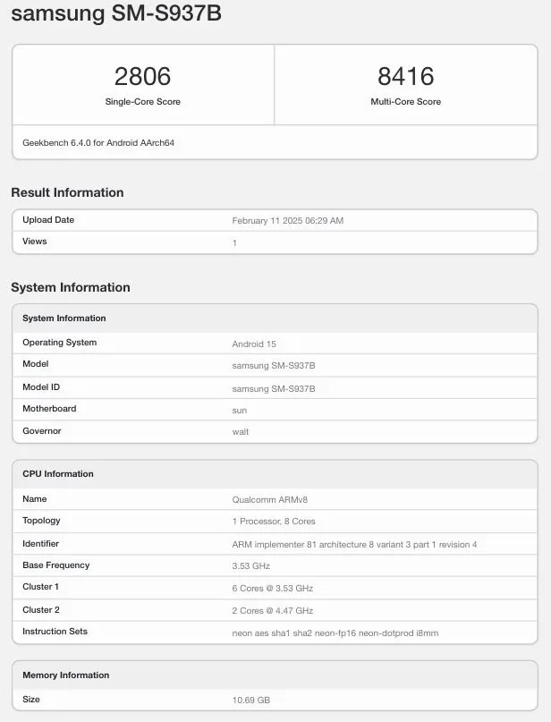 Geeknetic El Galaxy S25 Edge aparece en Geekbench con un Snapdragon 8 Elite de 8 núcleos 1