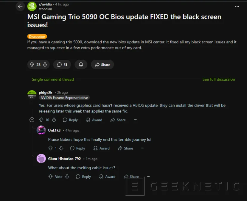 Geeknetic NVIDIA solucionará con VBIOS y actualización de drivers los problemas de pantalla negra en las RTX 50 Series 1