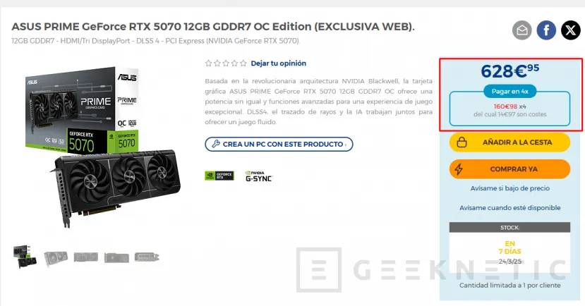 Geeknetic Esta RTX 5070 de ASUS con OC está de oferta por 629 euros, 220 euros menos de su precio habitual 1