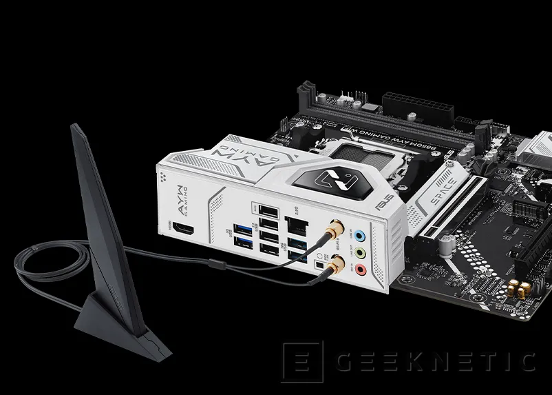 Geeknetic Nueva placa ASUS B850M AYW GAMING WiFi para AMD socket AM5 con formato MicroATX en un elegante diseño negro y blanco 3