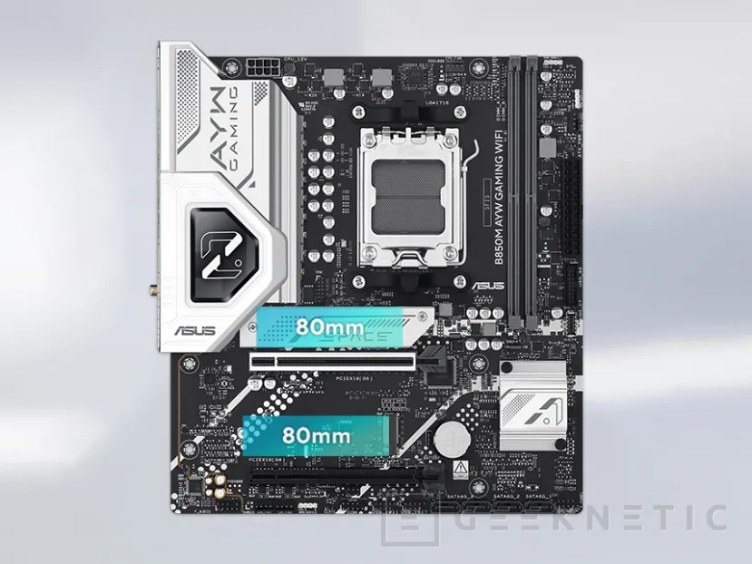 Geeknetic Nueva placa ASUS B850M AYW GAMING WiFi para AMD socket AM5 con formato MicroATX en un elegante diseño negro y blanco 1