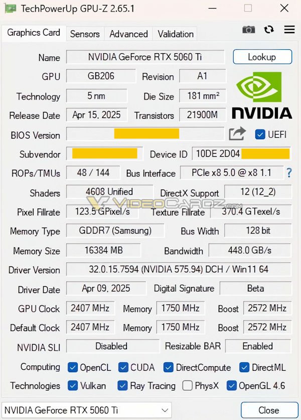 Geeknetic Filtradas las especificaciones de la NVIDIA RTX 5060 Ti con 16 GB de VRAM, PCIe 5.0 x8, 4.608 núcleos CUDA y hasta 2.572 MHz 1