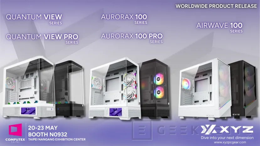 Geeknetic El fabricante XYZ nos presenta este COMPUTEX 2025 su nueva línea de cajas, modelos panorámicos con pantalla LCD en color blanco y negro 1