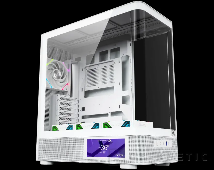 Geeknetic El fabricante XYZ nos presenta este COMPUTEX 2025 su nueva línea de cajas, modelos panorámicos con pantalla LCD en color blanco y negro 5