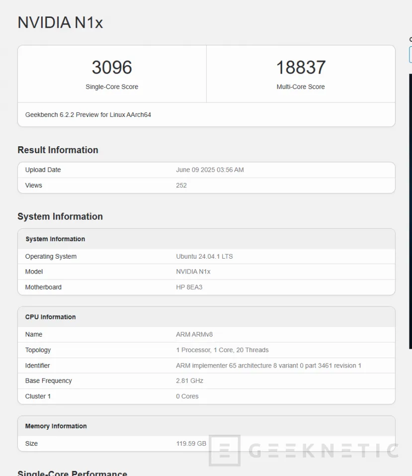 Geeknetic Aparece en Geekbench 6 la CPU NVIDIA N1x basada en Arm consiguiendo casi 3.100 puntos en un solo núcleo 1