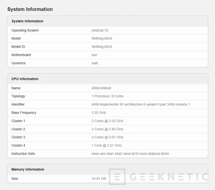 Geeknetic Se filtra una prueba de rendimiento del Nothing Phone (3) con el Snapdragon 8s Gen 4 y 16 GB de RAM en Geekbench 6 2