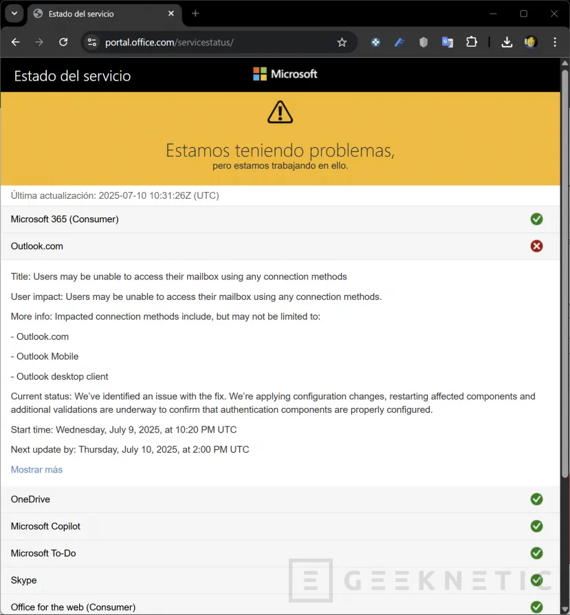 Geeknetic Microsoft Outlook está caído, multitud de usuarios no pueden acceder a su email desde esta mañana 1