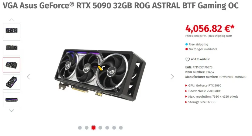 Geeknetic La ASUS ROG ASTRAL RTX 5090 BTF con el conector de corriente GC-HPWR se deja ver a la venta por más de 3.200 euros 2