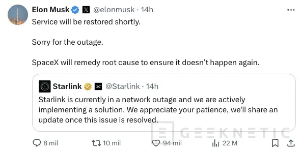 Geeknetic Elon Musk se ve obligado a disculparse: Starlink sufre una caída global por un fallo de software 2