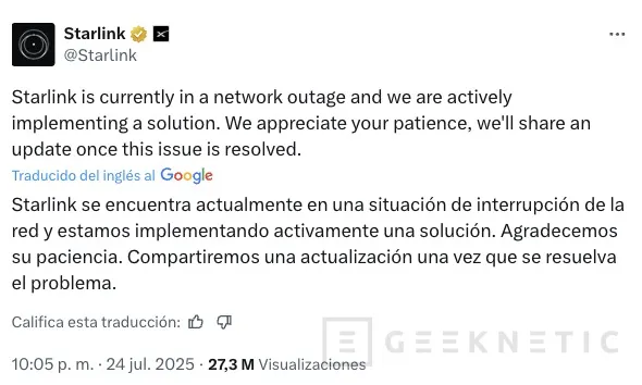 Geeknetic Elon Musk se ve obligado a disculparse: Starlink sufre una caída global por un fallo de software 1