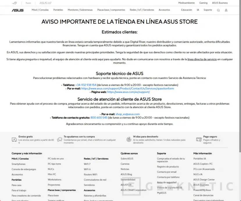 Geeknetic ASUS cierra temporalmente su tienda online en España por el colapso de su proveedor Digital River 1