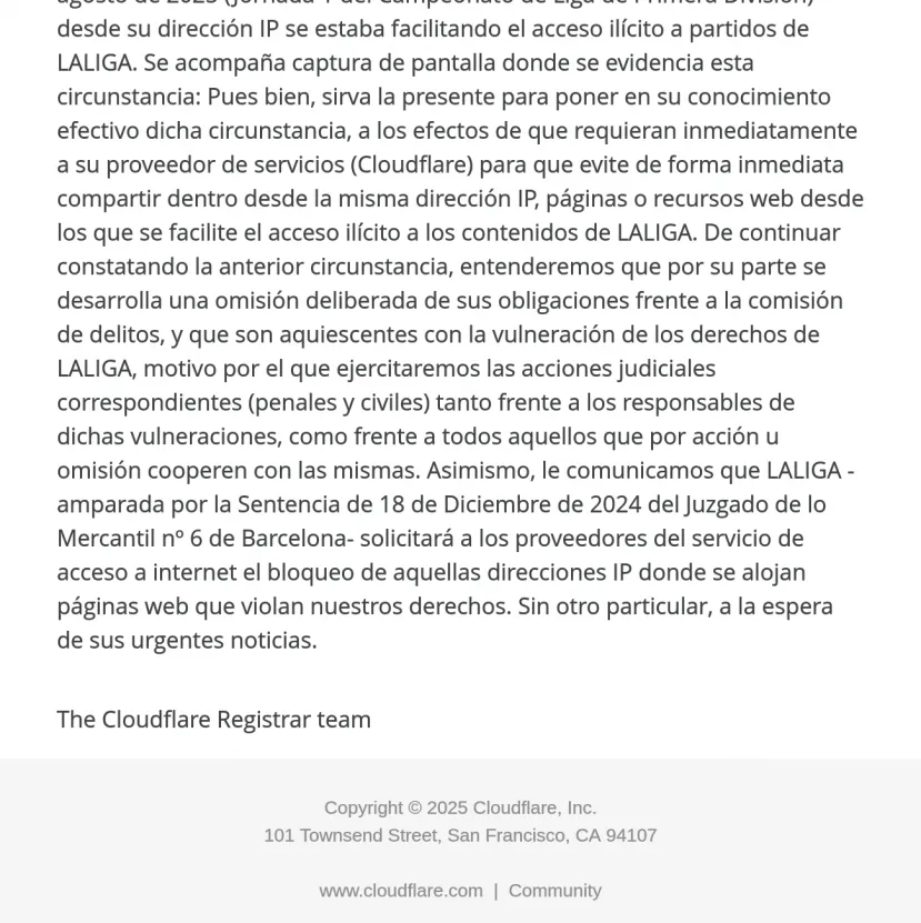 Geeknetic LaLiga está amenazando a clientes de Cloudflare con web legítimas por "dejar compartir su IP" con otras ilegítimas 2