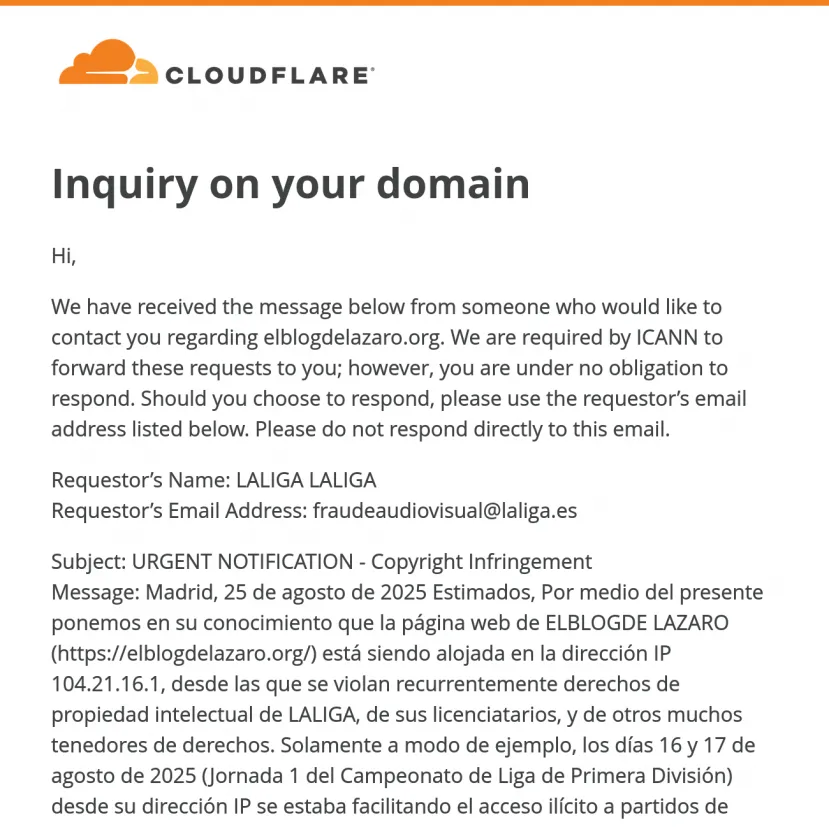 Geeknetic LaLiga está amenazando a clientes de Cloudflare con web legítimas por "dejar compartir su IP" con otras ilegítimas 1