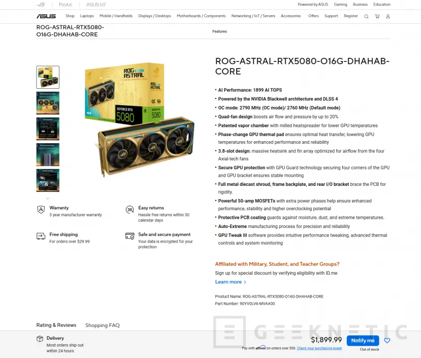 Geeknetic ASUS ya tiene disponible la ROG Astral RTX 5080 Dhahab Core OC: solo para Oriente Medio y un precio de 1.899 dólares 1