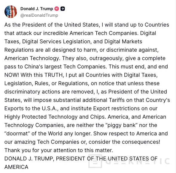 Geeknetic Trump apunta a la UE con un paquete de presión: más aranceles, límites a exportaciones de chips y sanciones por la DSA 1