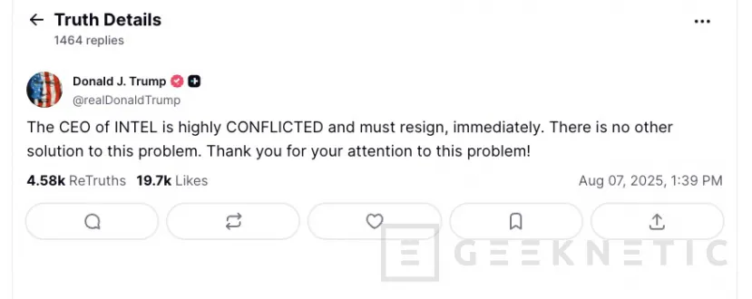 Geeknetic Trump pide la dimisión del CEO de Intel tras las acusaciones de vínculos con China y en plena tensión por la Ley CHIPS 1