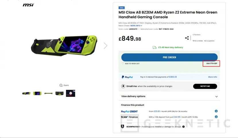 Geeknetic La MSI Claw A8 con el Ryzen Z2 Extreme se deja ver en reserva por 849,98 libras (975 euros) y disponible el 17 de septiembre 1