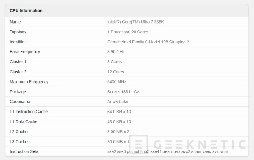 Geeknetic El Intel Core Ultra 7 365K se deja ver en Geekbench, la puntuación obtenida no destaca frente al modelo equivalente actual 1