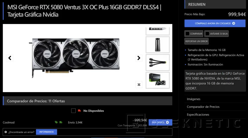 Geeknetic Llévate toda una NVIDIA MSI GeForce RTX 5080 Ventus 3X OC Plus ¡por menos de 1.000 euros! 1