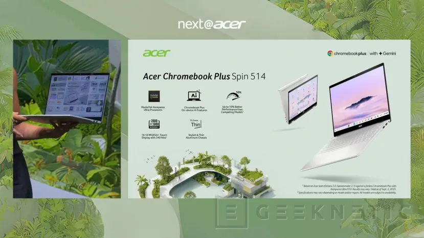 Geeknetic El nuevo Chromebook Plus de Acer es el Spin 514, un portátil que cuenta con el MediaTek Kompanio 910 y NPU dedicada 1