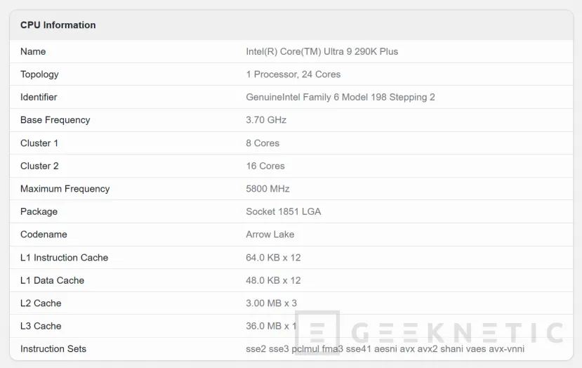 Geeknetic Aparece en Geekbench el Intel Core Ultra 9 290K Plus, 24 núcleos y hasta 5,8 GHz de velocidad turbo 1