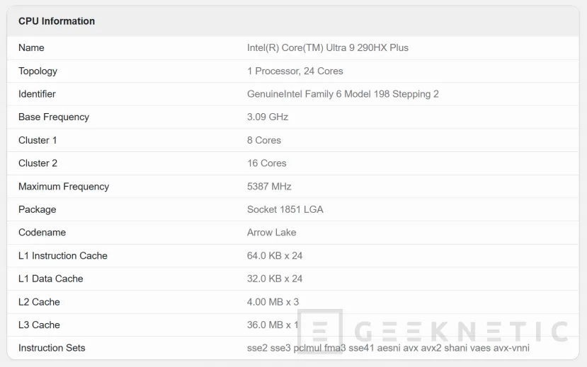 Geeknetic Visto un Intel Core Ultra 290HX Plus en Geekbench, los Arrow Lake Refresh también llegarán a los portátiles 1