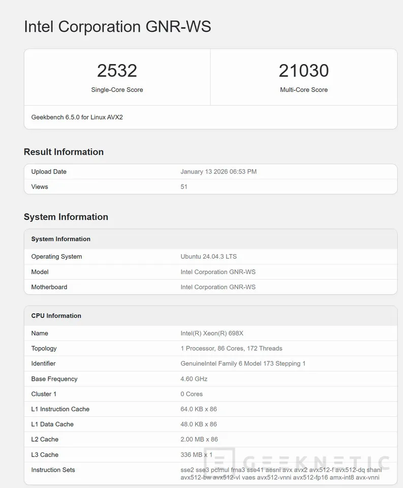 Geeknetic El Xeon 698X de Intel aparece en Geekbench con 86 núcleos y 336 MB de caché L3 1