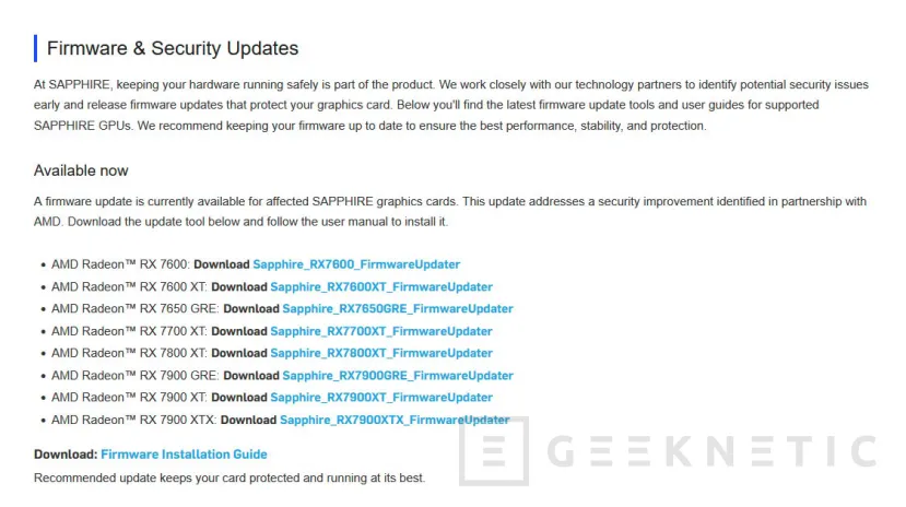 Geeknetic Sapphire publica una actualización de seguridad para las Radeon RX 7000 1