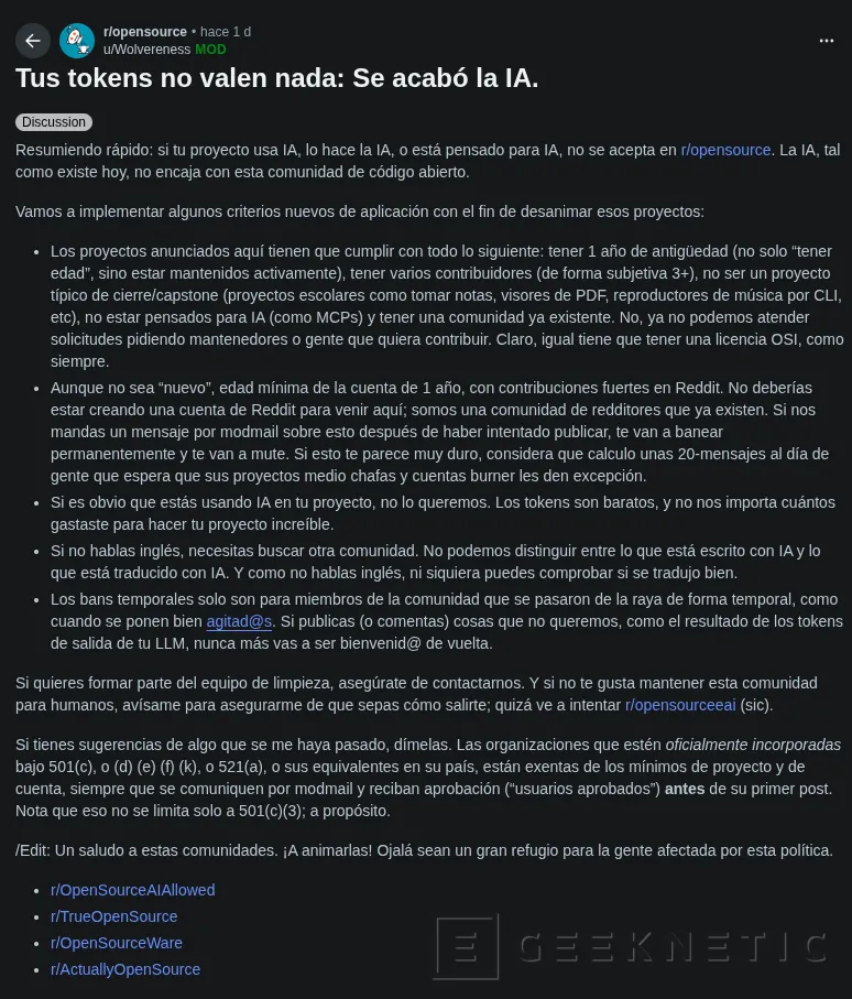 Geeknetic ¿Adiós al vibe coding con IA en el software libre? La restrictiva normativa de r/opensource que divide a Reddit y desata la polémica 1