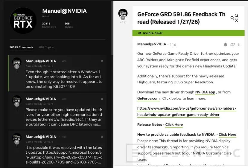 Geeknetic NVIDIA pide desinstalar KB5074109 en Windows 11 tras caídas de FPS y artefactos en PCs con GeForce 1