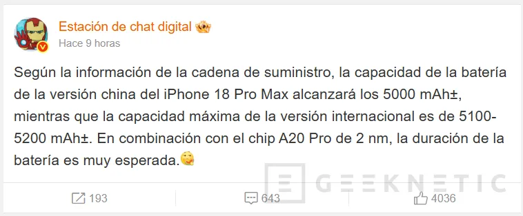 Geeknetic El futuro iPhone 18 Pro Max apunta a una autonomía récord: se filtran sus nuevas capacidades de batería y el chip A20 1