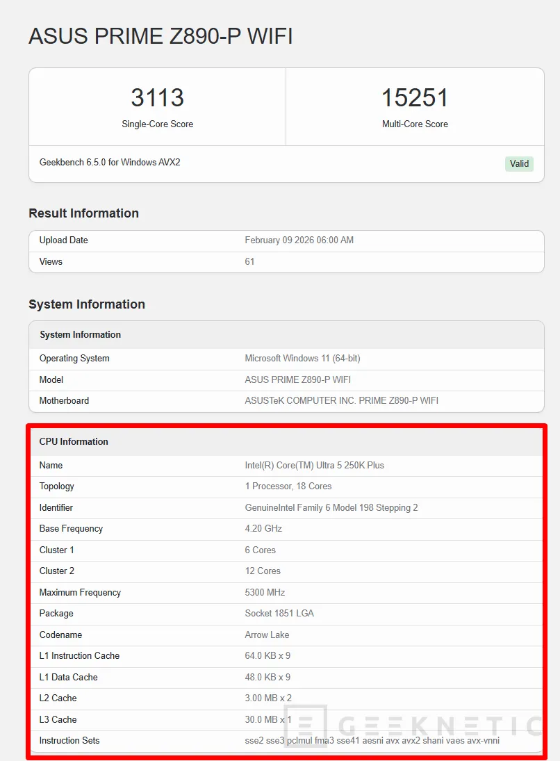 Geeknetic El Intel Core Ultra 5 250K Plus asoma por Geekbench con 5,3 GHz de Boost 1