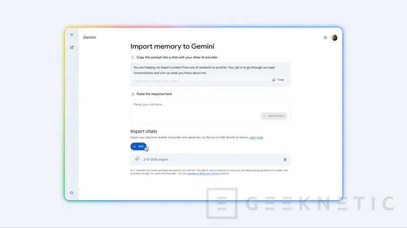 Geeknetic Google ahora te deja importar recuerdos y chats de otros asistentes a Gemini para facilitar el cambio de plataforma 1