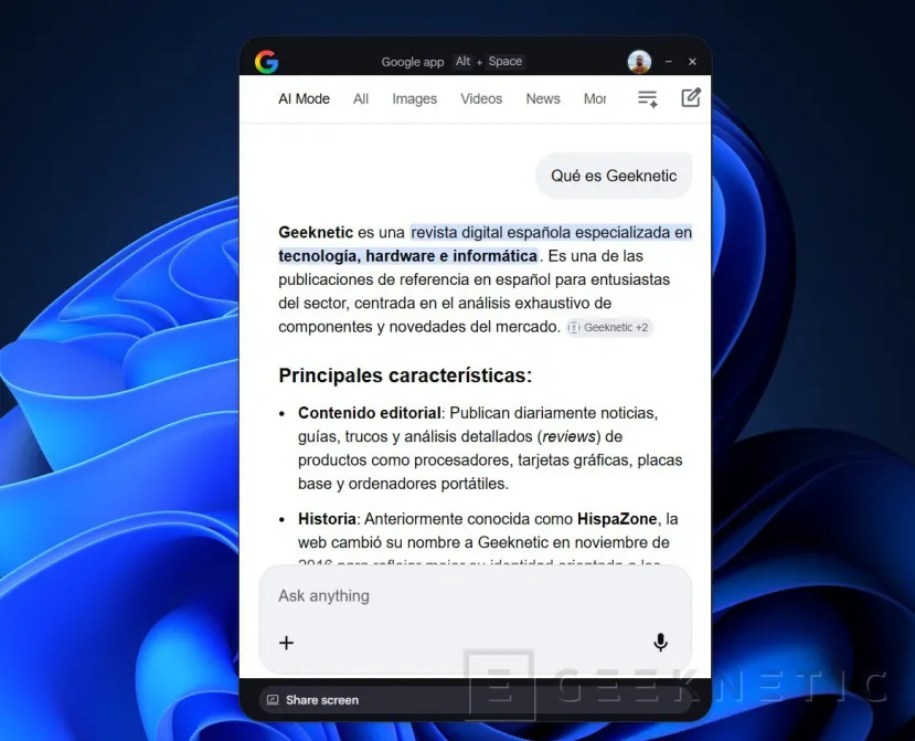 Geeknetic Probamos la nueva app de Google para Windows: así funciona la búsqueda que une la IA con tus archivos locales y de Drive 4