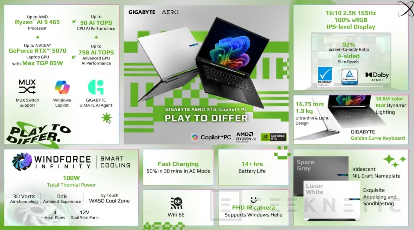Geeknetic El nuevo GIGABYTE AERO X16 lleva un Ryzen AI 9 365, RTX 5070 y formato Copilot+ PC 1