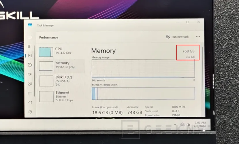 Geeknetic Así funcionan los 768 GB DDR5 RDIMM a 8.800 MT/s de G.Skill para estaciones de trabajo 1