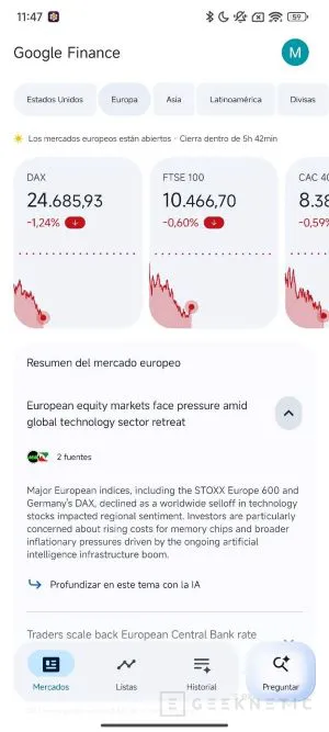 Geeknetic Google saca de la beta su renovada app de Finance para Android y la refuerza con Gemini para seguir acciones y mercados 1