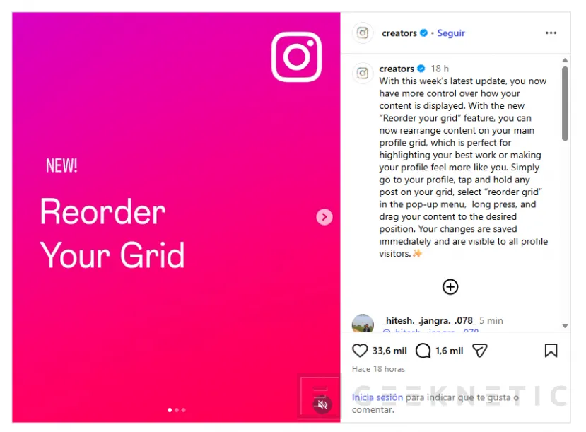 Geeknetic Instagram ya permite reorganizar manualmente la cuadrícula del perfil en iPhone y Android 1
