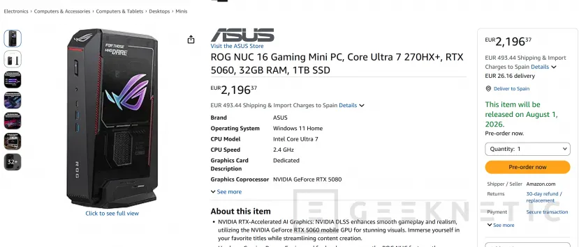 Geeknetic ASUS pone a la venta en Estados Unidos un ROG NUC 16 con un Intel Core Ultra 7 270HX y una NVIDIA RTX 5060 por 2.499 dólares 1