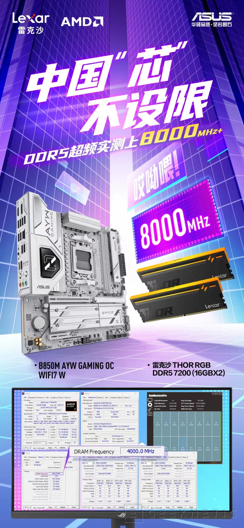 Geeknetic ASUS consigue velocidades de 8.400 MT/s con memoria DDR5 con chips de CXMT en una placa base ROG B850M 3