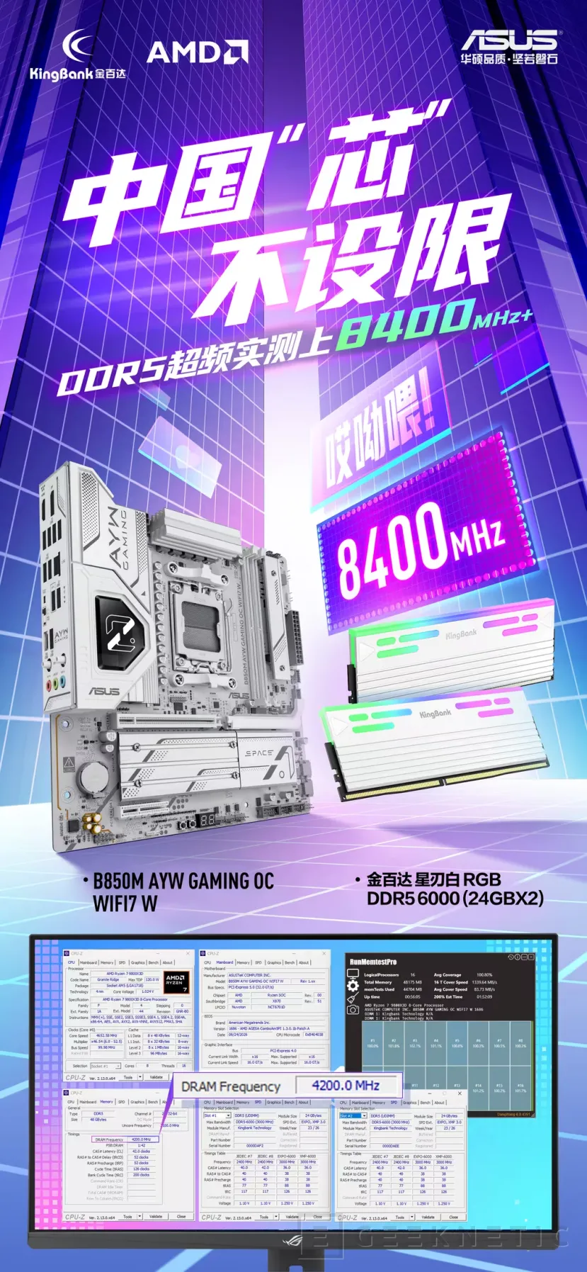 Geeknetic ASUS consigue velocidades de 8.400 MT/s con memoria DDR5 con chips de CXMT en una placa base ROG B850M 1