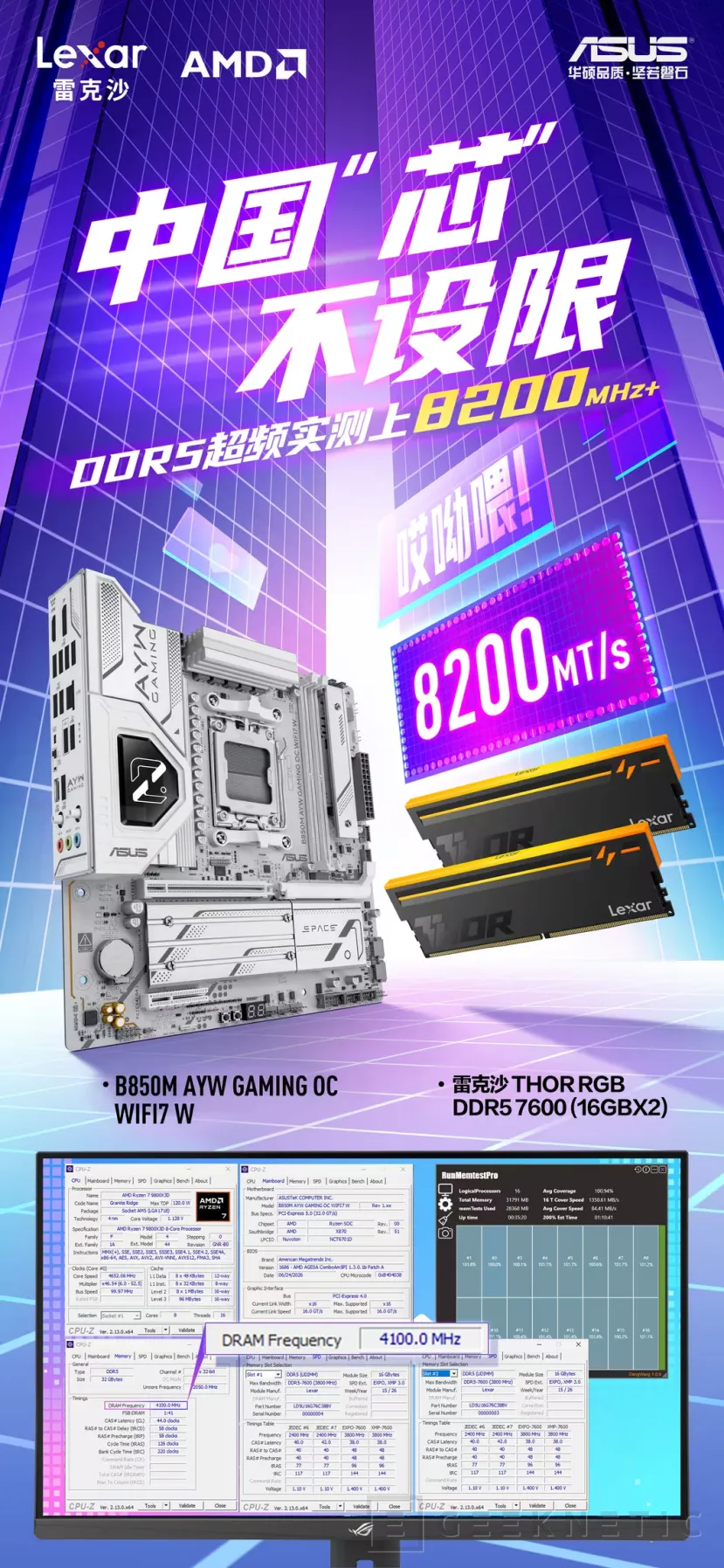 Geeknetic ASUS consigue velocidades de 8.400 MT/s con memoria DDR5 con chips de CXMT en una placa base ROG B850M 2