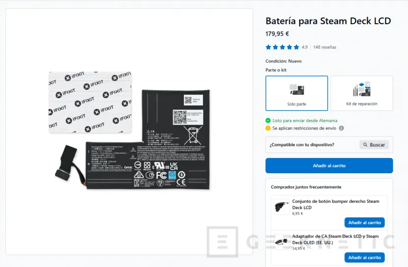 Geeknetic Cambiar la batería de la Steam Deck LCD es ahora un 125 % más caro: el repuesto oficial alcanza los 180 dólares/euros 1