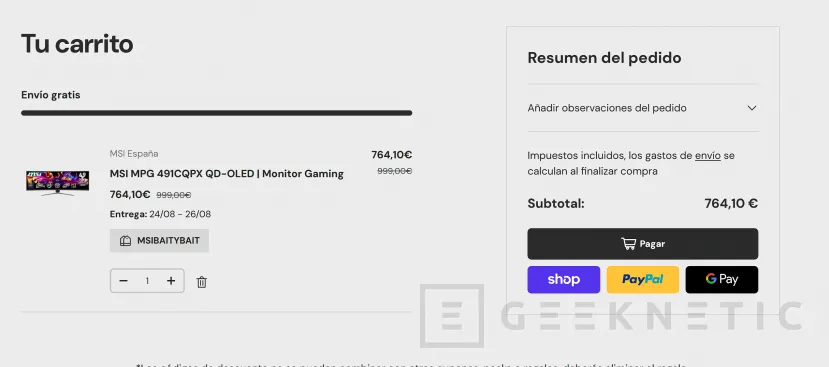 Geeknetic El monitor QD-OLED MSI MPG 491CQPX de 49 pulgadas cae hasta los 764 euros desde la tienda de MSI 1
